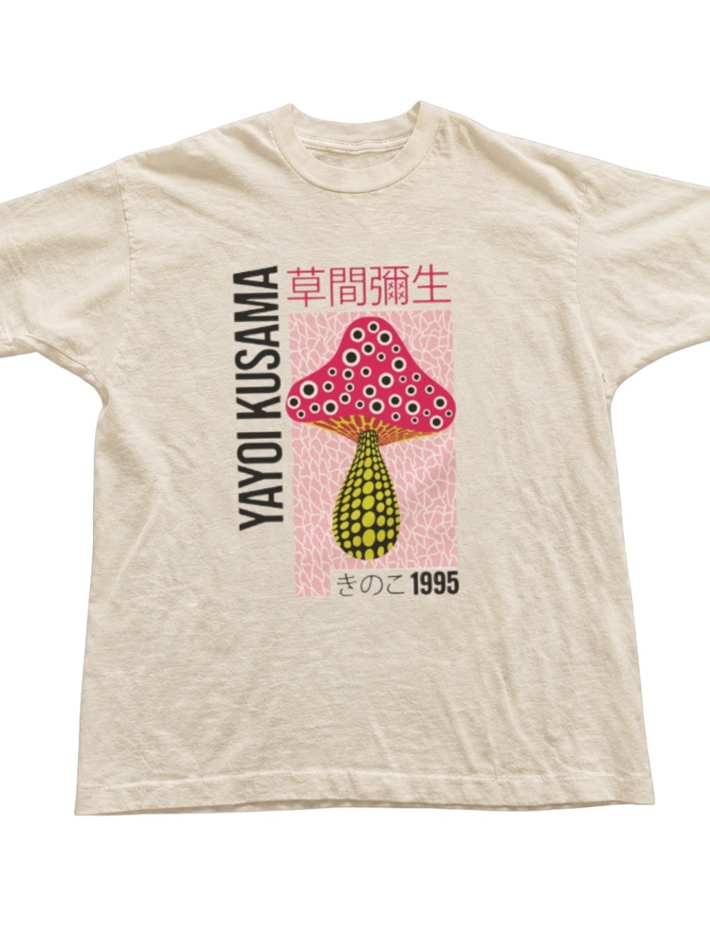 Off White Tee with Pink & Green Mushroom Graphic